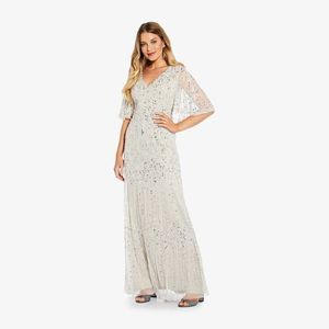 LONG BEADED CAPE DRESS WITH SEQUIN DETAIL IN IVORY